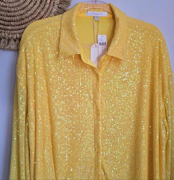 Anthropologie New Flat White Yellow Sequin Tunic Button Front Shirt Dress XL - Picture 4 of 12
